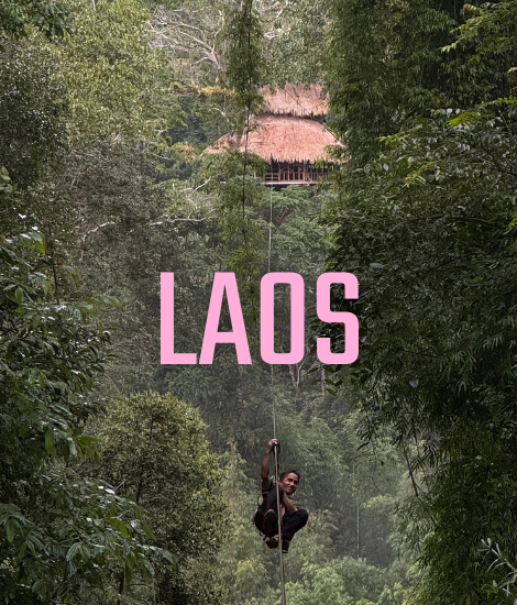 Laos gibbon experience zip lining through a jungle with a tree house in the background.