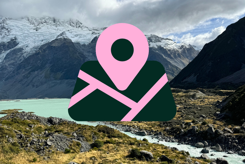 Google maps pin on top of a view of mountains and river in New Zealand