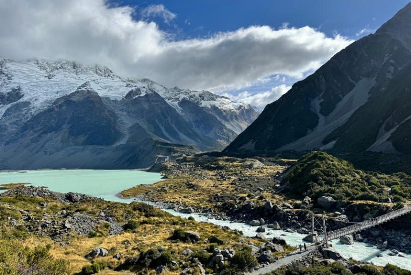 New Zealand best walks - Hooker Valley track with mountains, lakes and suspension bridges