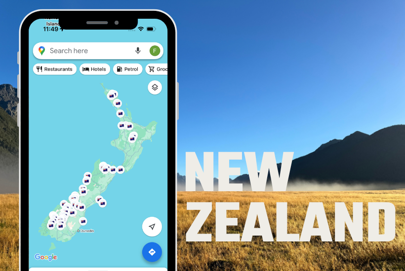 New Zealand Google maps, image of a phone with locations pinned on a map