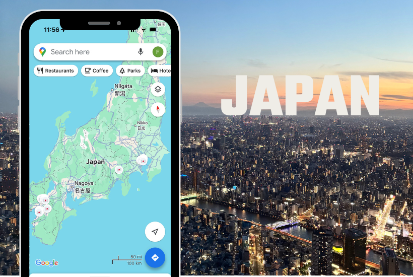 Japan Google maps, image of a phone with locations pinned on a map