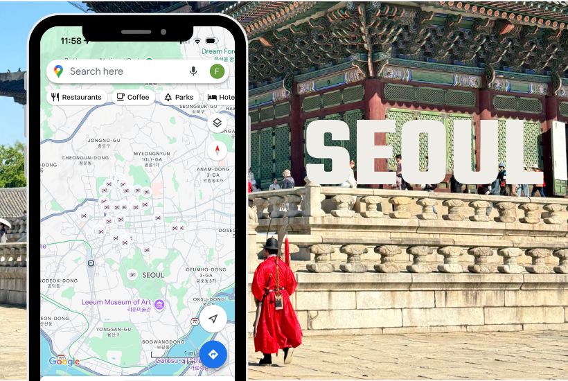 Seoul Google maps, image of a phone with locations pinned on a map