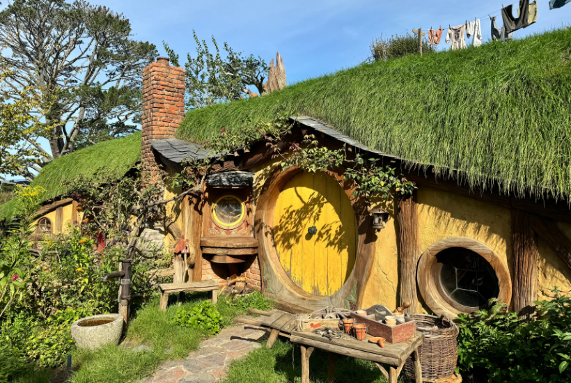 Hobbiton movie set with Hobbit size houses covered in grass