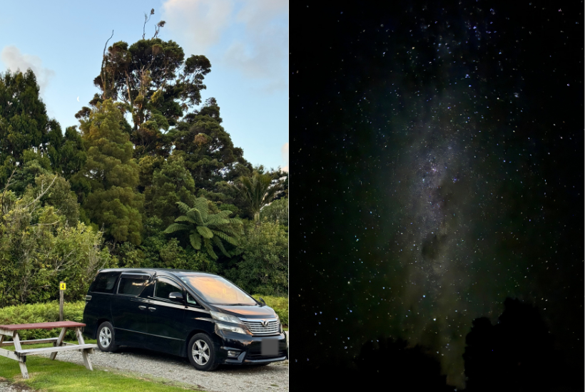 Two images of a campsite and stars. The campervan has a bench next to it with tress in the background. The