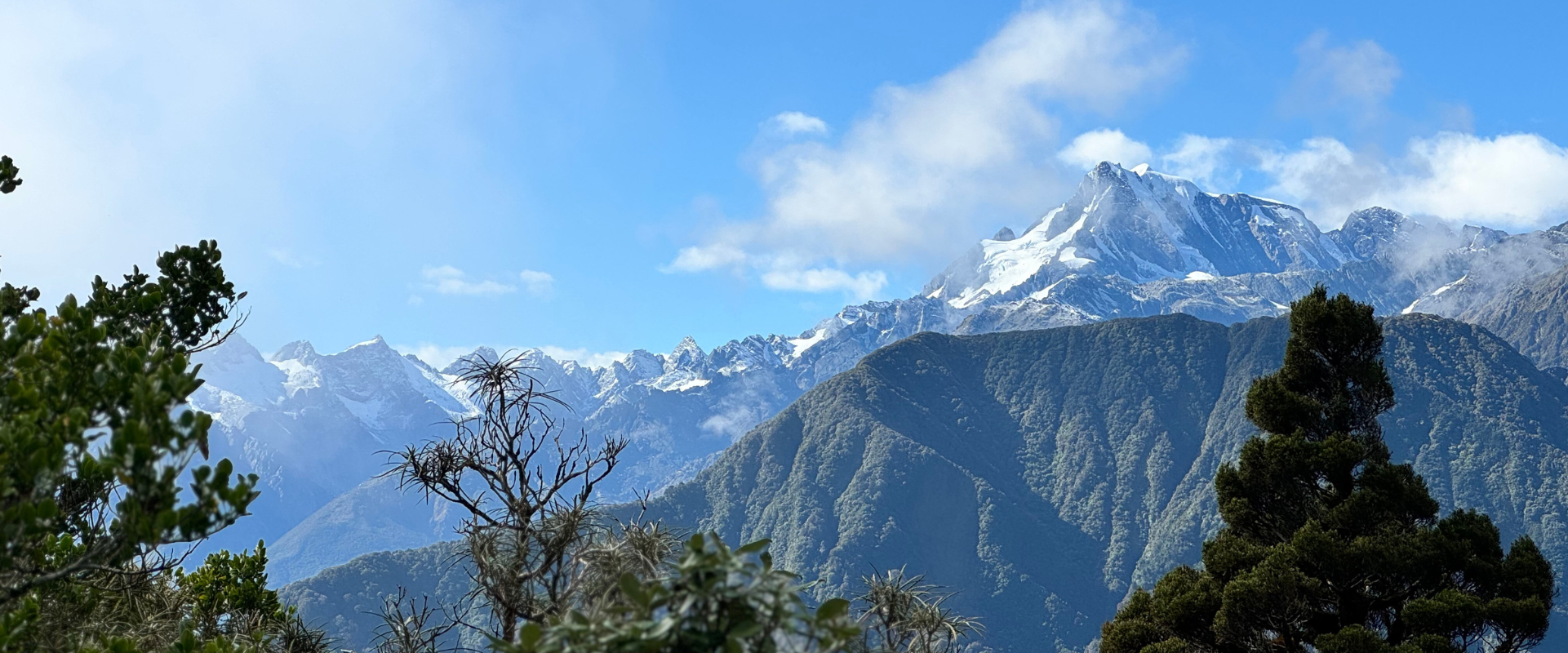 Franz Josef glacier view point looking at snowy mountains