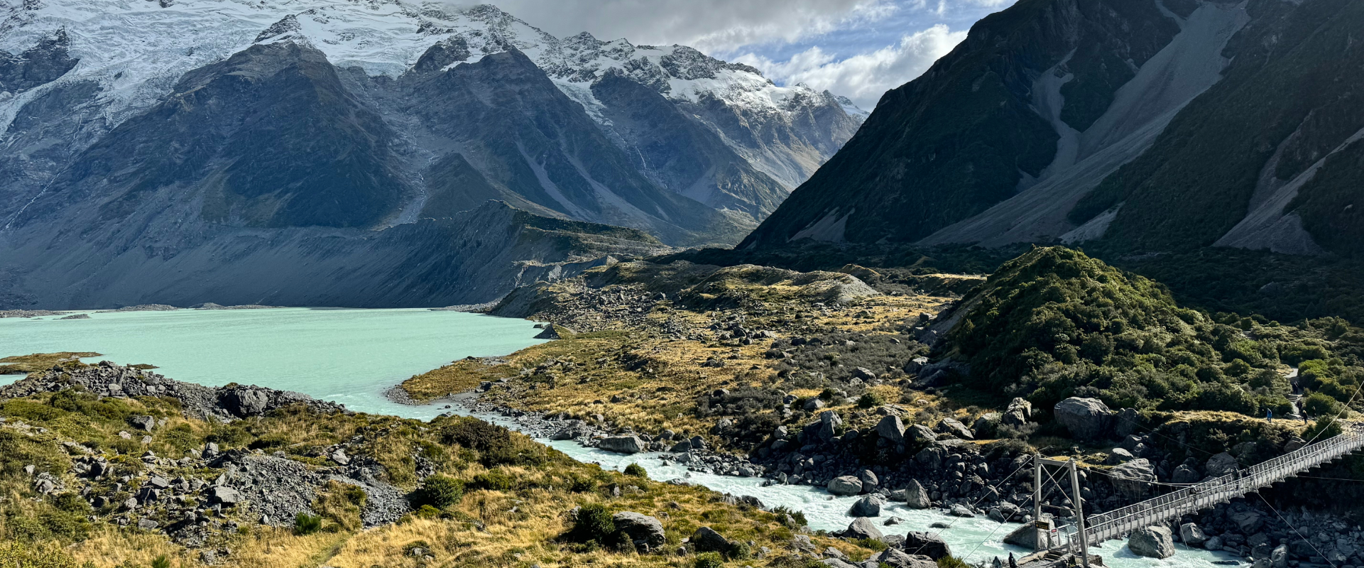 Hooker valley track mount cook mountains and lake