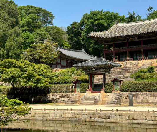 Secret garden in royal palace Seoul, water with templesSeoul trip itinerary,